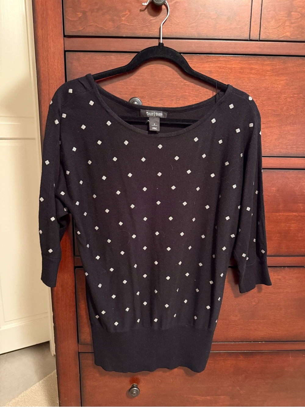 White House Black Market Black Sweater with White Dot Pattern